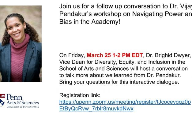 Thanks to Dr Brighid Dwyer for hosting a follow-up conversation to Dr Pendakur’s, “Navigating Power and Bias in the Academy: Techniques to Increase Equity and Belonging”